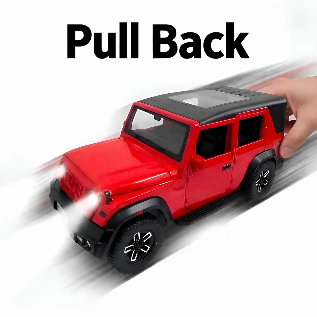 Big Size Thar Roxx Jeep SUV Car 1:22 Scale Die-Cast Model with Pull Back Action, Openable Doors, Bonnet & Boot, LED Lights & Music, Alloy Toy Car for Kids & Collectors – Red - Noob Toys