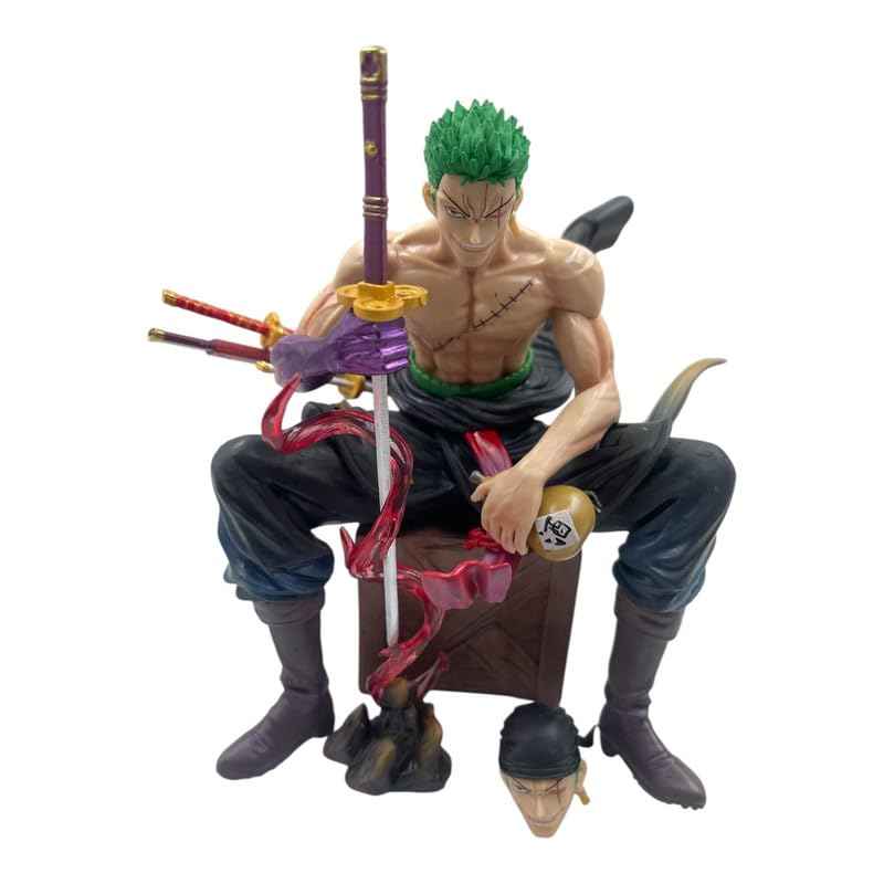 Roronoa Zoro 15cm Action Figure – Anime Collectible Statue with Interchangeable Head & Three Swords, Highly Detailed, Fully Poseable, Ideal for One Piece Collectors