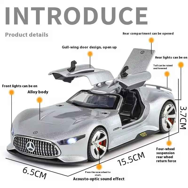 Silver Mercedes Benz AMG Vision GT Supercar Alloy 1:32 Scale Model Die-cast Metal Car Scale Model Pull-Back Toy car with Light & Sound
