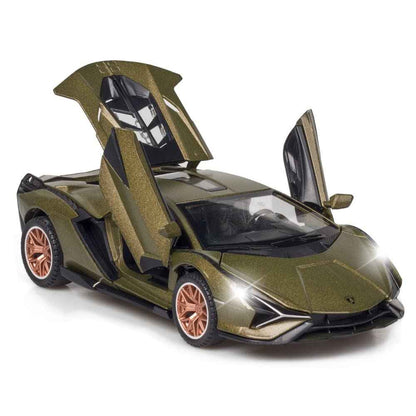 1:32 Scale Lamborghini Sian FKP37 Model Car, Army Green, Diecast Car Toy with Sound, Light, Pull-Back Function