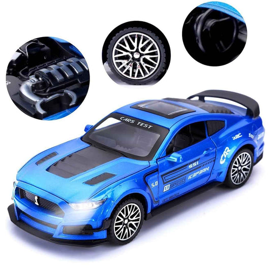Blue Metal Pull Back Die-cast Car 1:32 Mustang Cobra GT500 Toy car with Openable Doors & Light