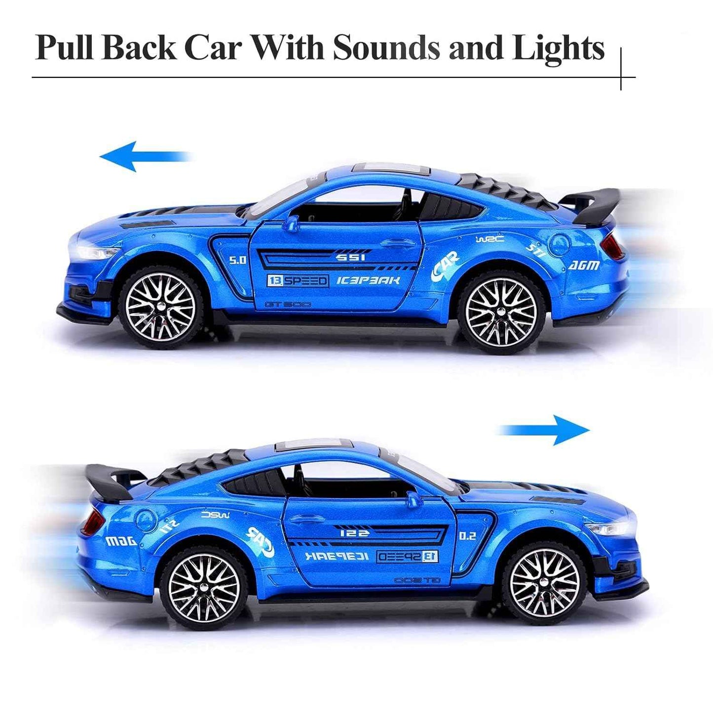 Blue Metal Pull Back Die-cast Car 1:32 Mustang Cobra GT500 Toy car with Openable Doors & Light