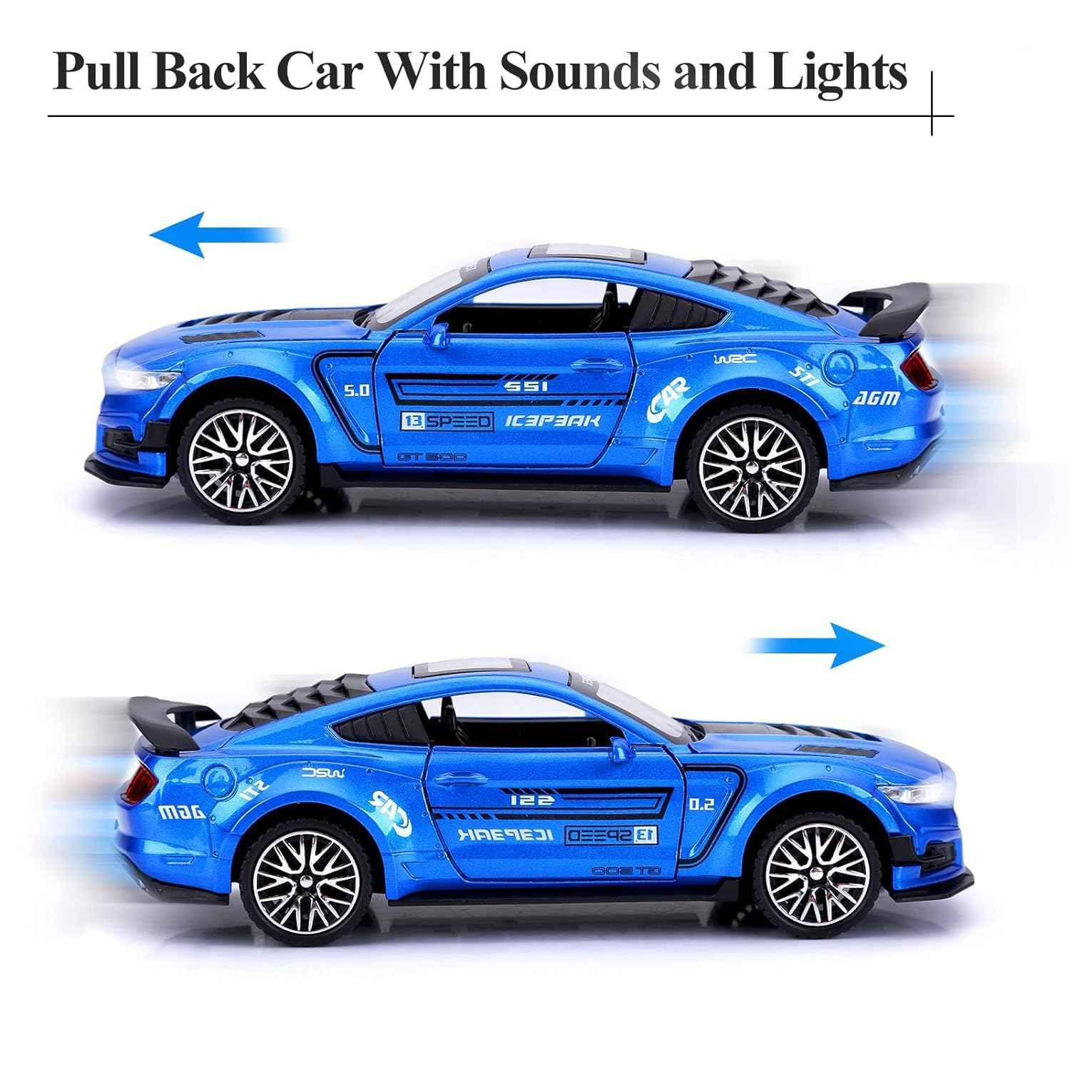 Blue Metal Pull Back Die-cast Car 1:32 Mustang Cobra GT500 Toy car with Openable Doors & Light