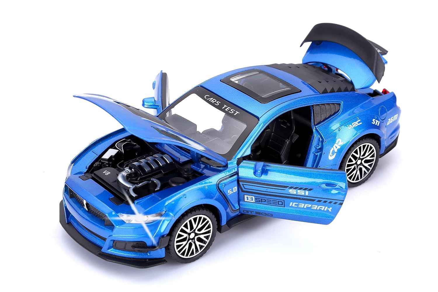 Blue Metal Pull Back Die-cast Car 1:32 Mustang Cobra GT500 Toy car with Openable Doors & Light