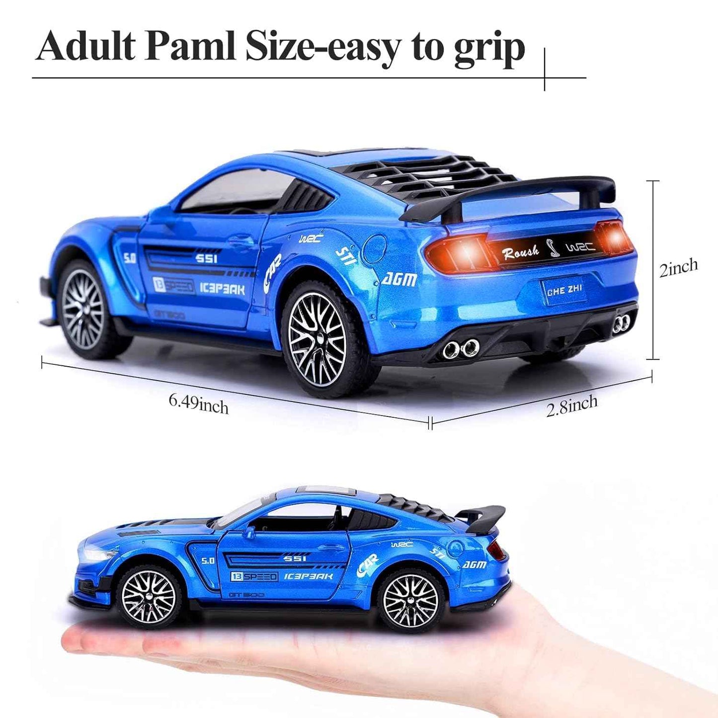 Blue Metal Pull Back Die-cast Car 1:32 Mustang Cobra GT500 Toy car with Openable Doors & Light