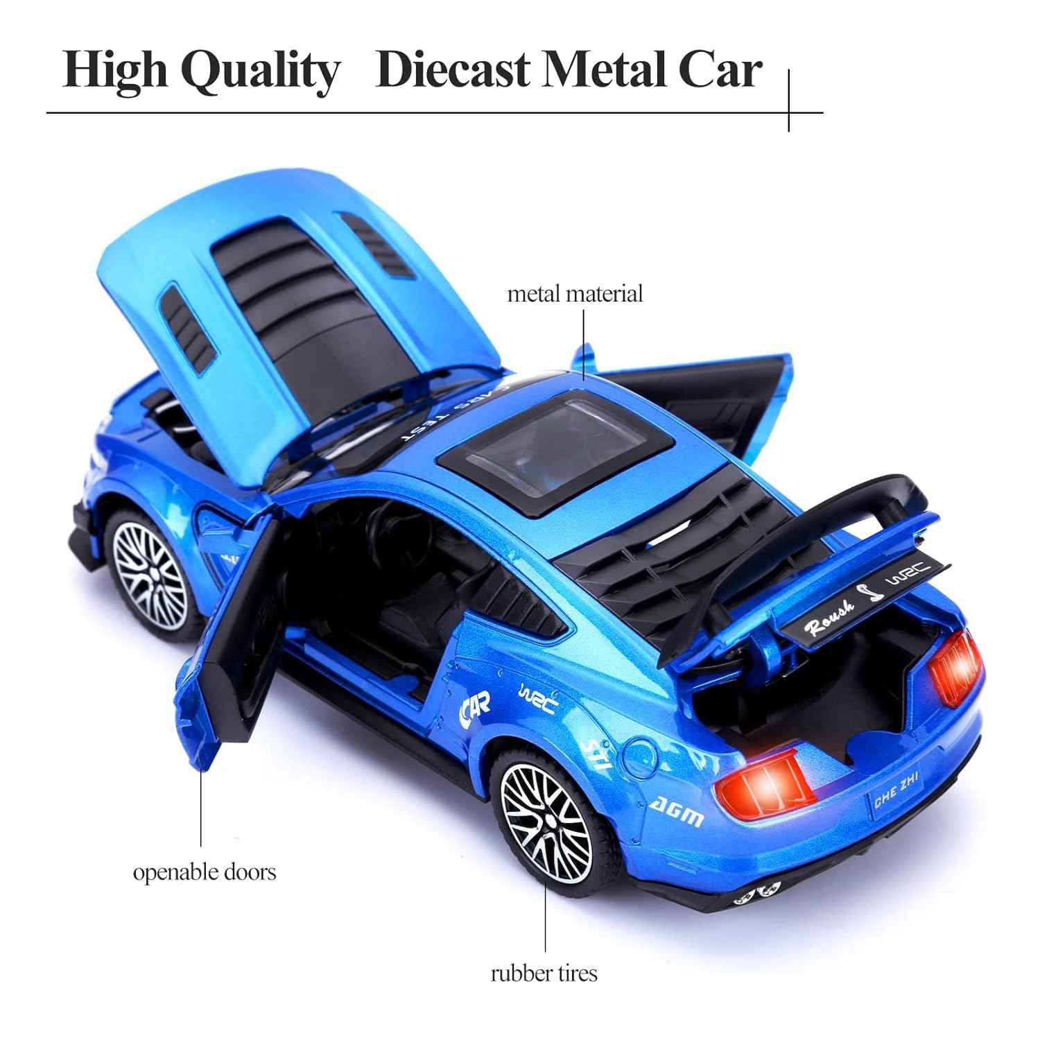 Blue Metal Pull Back Die-cast Car 1:32 Mustang Cobra GT500 Toy car with Openable Doors & Light