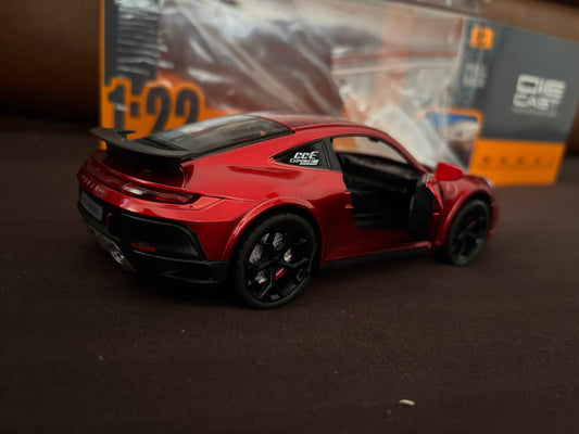 Metal model toy Porsche 911 Carrera model car that removes steam, scale 1:22, with hood and trunk doors that open, realistic design, red color
