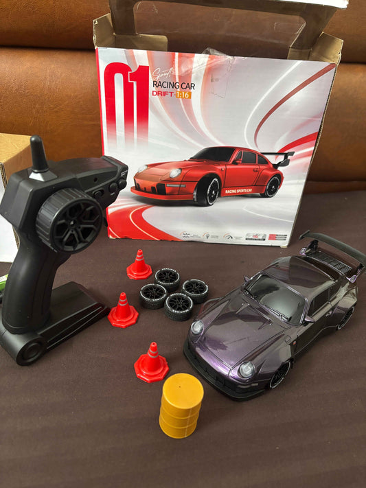 RC Drift Car with Remote Control, 1:16 Scale Racing Model, Gray, with Battery, Spare Tires and Accessories
