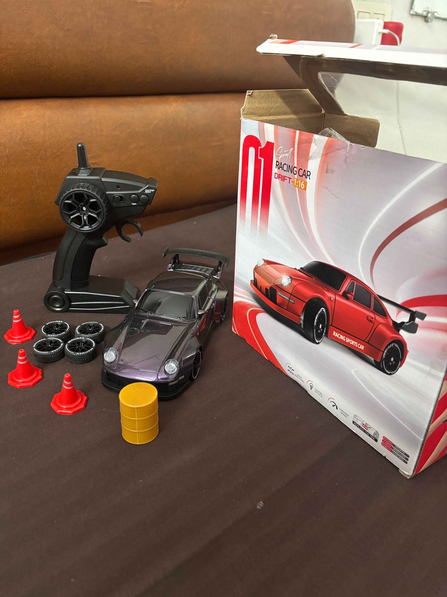 RC Drift Car with Remote Control, 1:16 Scale Racing Model, Gray, with Battery, Spare Tires and Accessories