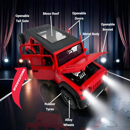Big Size Thar Roxx Jeep SUV Car 1:22 Scale Die-Cast Model with Pull Back Action, Openable Doors, Bonnet & Boot, LED Lights & Music, Alloy Toy Car for Kids & Collectors – Red - Noob Toys